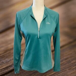 LL Bean Womens Quarter Zip Performance Top Teal Green Gray Long Sleeve Mock Neck